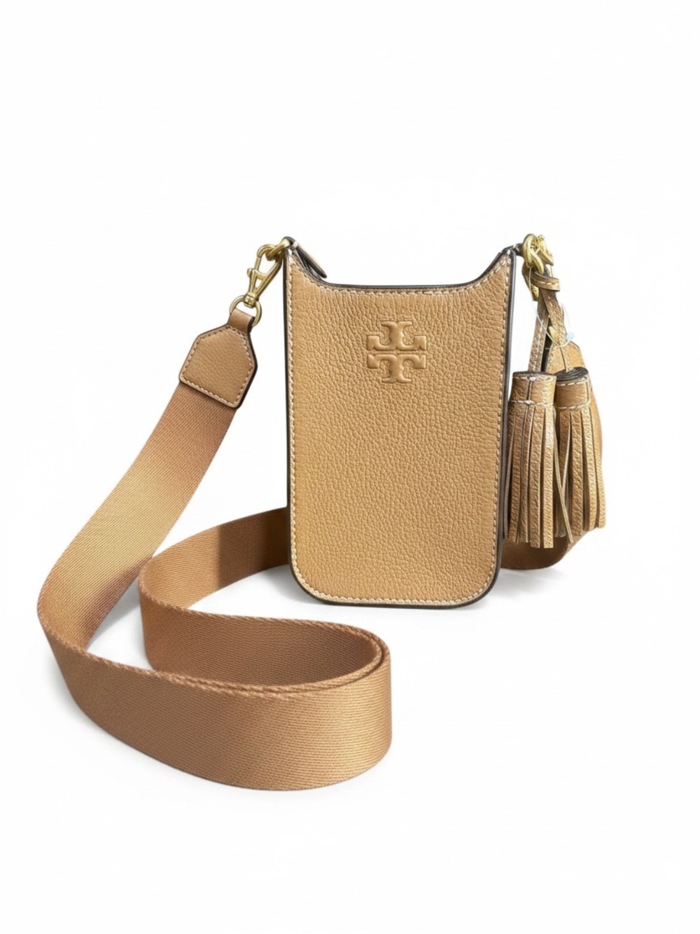 Tory Burch Miller Leather Phone Crossbody Tan Tassel Strap Card Holder Bag